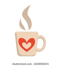  Vector illustration of hot drink with steam. Flat light mug with heart isolated on white background