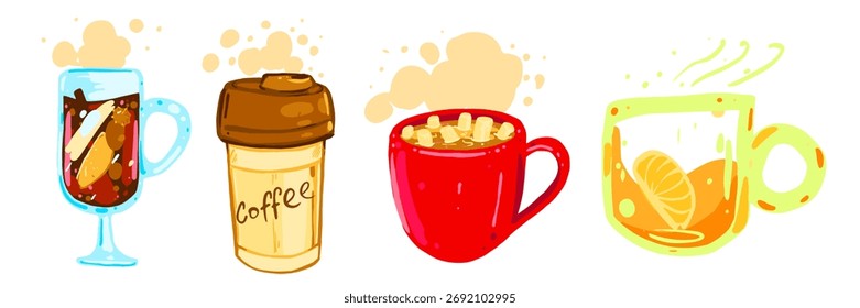 Ilustração vetorial do conjunto de bebidas quentes incluindo vinho ruminado, café, cacau e chá. Coleção de bebidas quentes desenhadas à mão isolada no fundo branco.