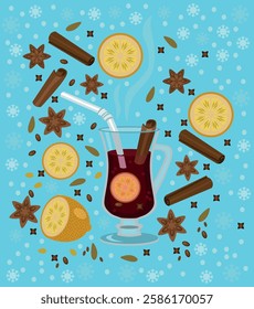 Vector illustration of hot glass of mulled wine with ingredients on blue background. Christmas mulled wine concept.
