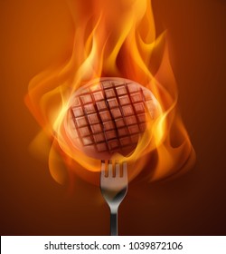 Vector illustration of hot grilled meat steak beef chicken patty on fork with open fire. Concept cooking burgers on flames.