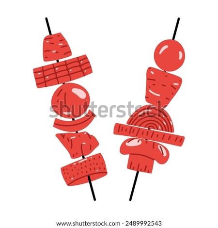 Vector illustration with hot kebab with vegetables and meat. Shashlik food. 