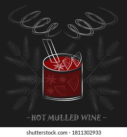 Vektorgrafik-Glühwein. Das Glas ist mit weißen Linien mit Glühwein gezeichnet. Zimt mit Zitrone. Winterheißes Getränk.