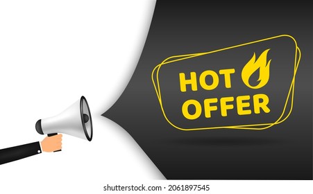 Oferta Caliente De Ilustración Vectorial Con Megáfono. Banner Web Moderno Con Elemento De Llama, Publicidad Y Etiquetado De Marketing.