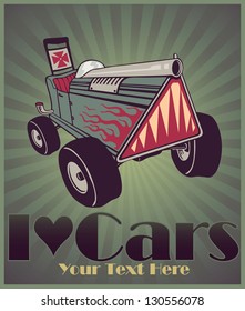 Vector illustration of hot rod car with flames and I love cars sign
