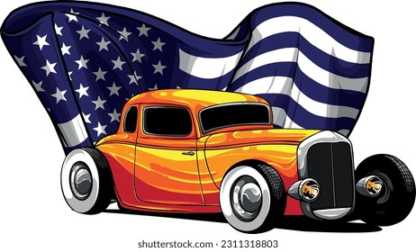 ilustración vectorial del coche de barra caliente con bandera estadounidense