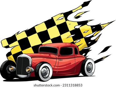 vector illustration of hot rod car with race flag