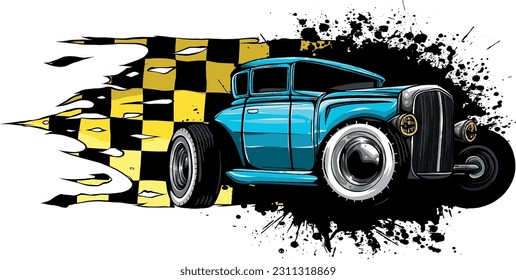 vector illustration of hot rod car with race flag