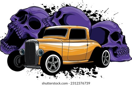 vector Illustration of hot rod car with skulls