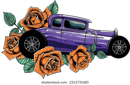 ilustración vectorial del coche de vara caliente con rosas