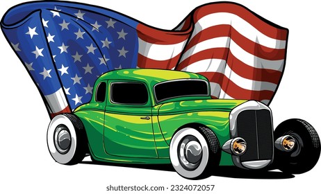 ilustración vectorial del coche de barra caliente con bandera estadounidense