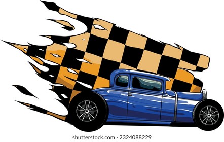 vector illustration of hot rod car with race flag