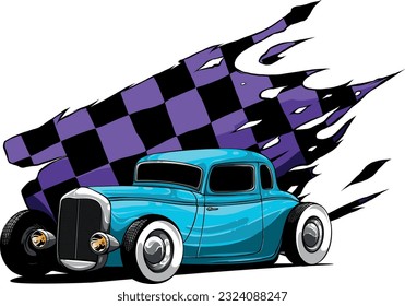 vector illustration of hot rod car with race flag
