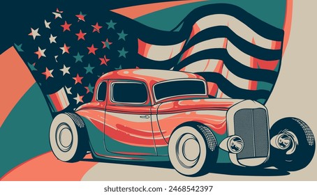 vector illustration of hot rod car with american flag