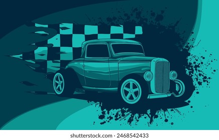 vector illustration of hot rod car with race flag