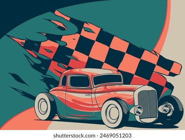vector illustration of hot rod car with race flag