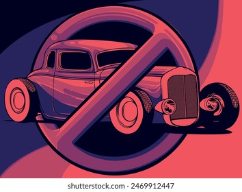 Ilustración vectorial de la prohibición de coches hot rod