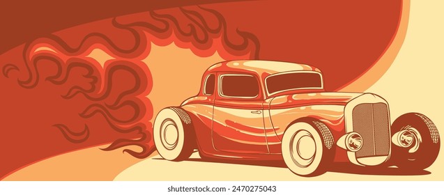 vector illustration of hot rod car with flames