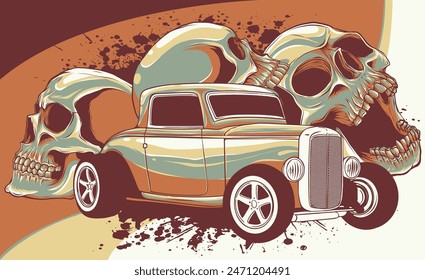 vector Illustration of hot rod car with skulls