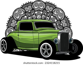 vector illustration of hot rod with mandala ornaments