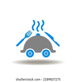 Ilustración vectorial de saltador caliente sobre ruedas de coche con tenedor y cuchara. Símbolo de entrega rápida de comida. Icono de la entrega de comida caliente y fresca.