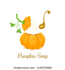 Vector illustration of a hot soup in the cut pumpkin with wooden serving spoon and text isolated on the white background.