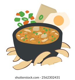 A Vector Illustration of Hot and Sour Soup in a Black Bowl with Mushrooms, Spring Onions, Carrots, Tofu, and Egg