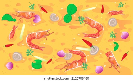 Vector illustration of hot and sour Thai soup background. Tom Yum kung. Tom Yum Soup with shrimps. Thai food