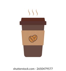 Vector illustration of a hot takeaway coffee cup with brown corrugated sleeve and coffee bean logo, emitting steam. Ideal for cafe branding, food delivery, barista menu, or coffee ads.
