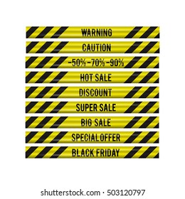 Vector illustration hot tape yellow caution with text: sale, discount, super sale, big sale, special offer, black friday. Isolated design elements of your banner design.
