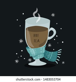 Vector illustration of hot tea in cup with scarf in flat design for autumn and winter holidays. 