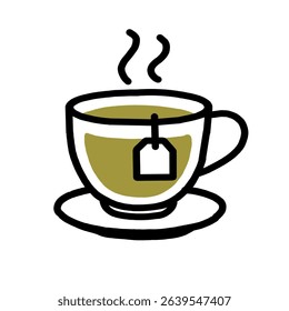 Vector illustration of a hot tea cup with teabag and steam, simple flat style for cafe and beverage design.

