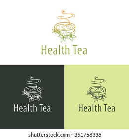 Vector illustration of hot tea in cup with smoke and leaves. Vegan, weight loss, beauty, spa health care logo template.