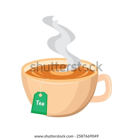 Vector illustration of hot tea cup with teabag puffing smoke with white background