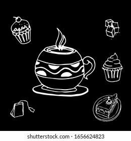 Vector illustration of hot tea, suggar, cupcake and cake.