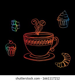 Vector illustration of hot tea, suggar, croissant cupcake and cake.