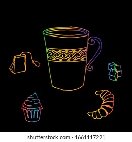 Vector illustration of hot tea, suggar, croissant cupcake and cake.