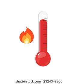 Vector illustration of hot temperature thermometer with a fire sign. Vector illustration in a flat style. isolated on white background.