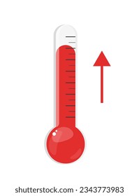 Vector illustration of hot temperature thermometer with arrow up sign. Vector illustration in a flat style. isolated on white background.