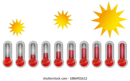 Ilustración vectorial de un termómetro caliente de color rojo con el sol, aumento de temperatura, icono, logotipo.