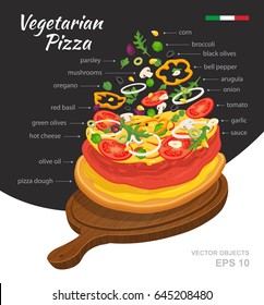 Vector  illustration of hot Vegetarian Pizza on wooden board. Falling ingredients. Traditional Italian recipe. Infographic creative design. Fastfood isolated on black and white background