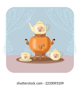 vector illustration, hot water samovar with teapot, porcelain sugar bowl with flowers and a cup of hot tea, traditional winter hot drinks, vintage style