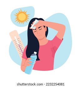 Vector illustration of hot weather. Cartoon scene with a girl who sweats from the hot sun and tries to drink water on white background.