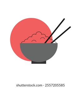 Vector illustration of hot white rice with chopsticks. Hot dishes. Icons of dishes.