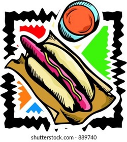Ilustración vectorial de un perro caliente y un ketchup.