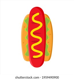 Vector illustration of hotdog seen from above with cheese and tomato sauce, restaurant and culinary theme. suitable for advertising food products
