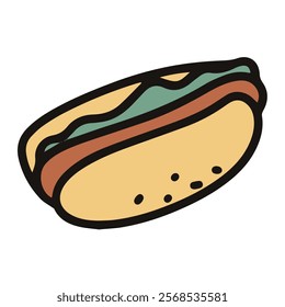 vector illustration of hotdog, simple meat sandwich with lettuce cartoon drawing, fast food icon symbol, isolated on white background, suit for kids book