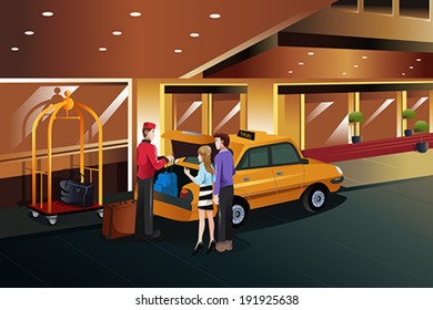 A vector illustration of hotel bellboy helping customers carrying luggage