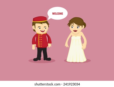 Vector illustration of a Hotel Bellboy in red uniform serving and greeting welcome to a lady guest in long evening dress