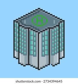 Ilustración vectorial del edificio del hotel con el diseño del arte del pixel del helipuerto, perfecto para los diseños temáticos de los activos del juego