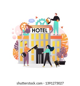 Vector illustration of hotel building, man giving big key to traveler woman with luggage. Hotel services concept for web banner, website page etc.